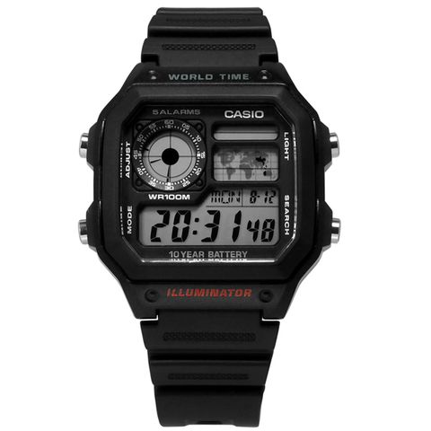CASIO / AE-1200WH-1A / 卡西歐 電子液晶 計時碼錶 世界時間 防水100米 橡膠手錶 黑色 40mm
