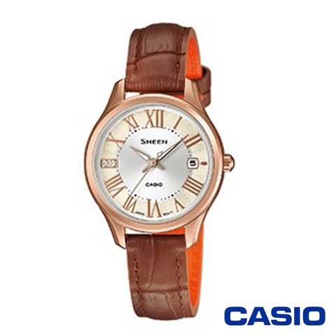 日本平輸一年保固CASIO卡西歐 氣質簡約施華洛世奇皮革女腕錶-咖啡x28mm SHE-4050PGL-7A
