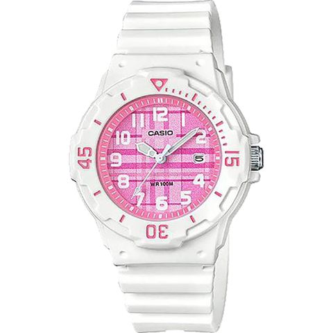 CASIO 卡西歐 格紋迷你女錶-粉x白 LRW-200H-4C