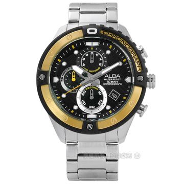 ALBA / VD57-X071Y.AM3324X1 / 競速霸氣三環計時不鏽鋼手錶 黑金色 46mm