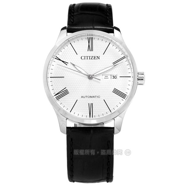CITIZEN 星辰  / NH8350-08A / 機械錶 自動上鍊 星期 日期 羅馬刻度 花紋錶面 小牛皮手錶 白x黑 40mm