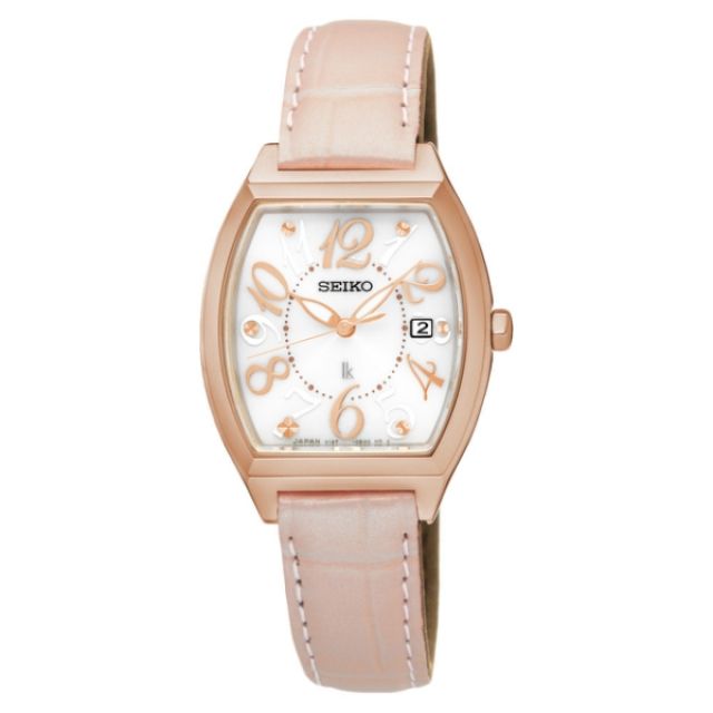 SEIKO 精工  LUKIA 典雅酒桶形 SUT290J1 數字日期顯示 皮革錶帶 太陽能女錶 V137-0CE0P 玫瑰金/粉 26mm
