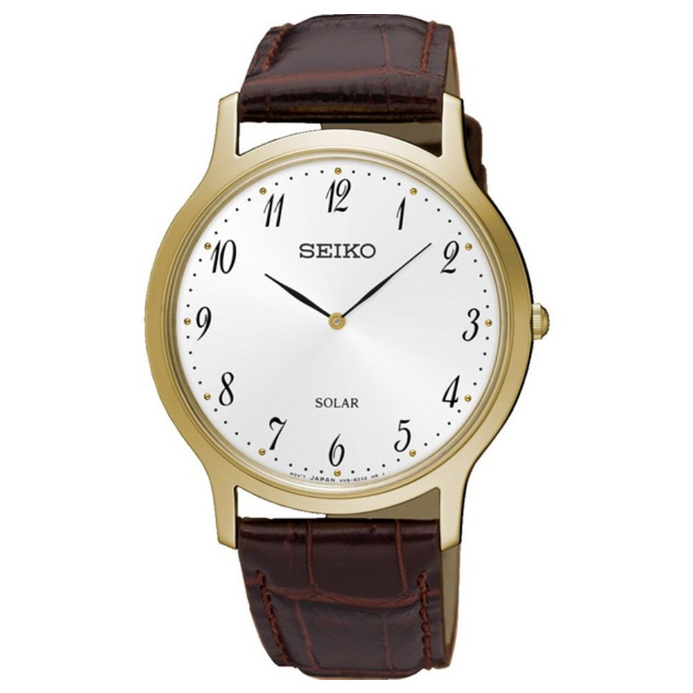 SEIKO 精工  SUP860P1 極簡風 數字 皮革錶帶 太陽能女錶 V115-0BE0G 金/咖啡 37mm