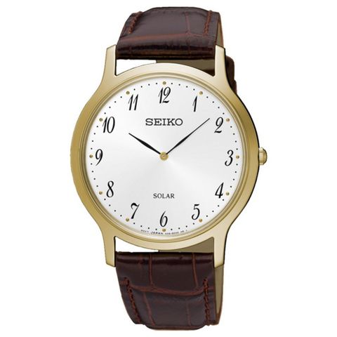 SEIKO 精工 SUP860P1 極簡風 數字 皮革錶帶 太陽能女錶 V115-0BE0G 金/咖啡 37mm