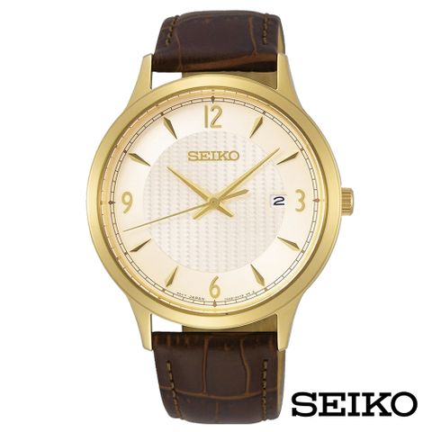 【SEIKO精工】皮革石英腕錶-金黃面(SGEH86P1)