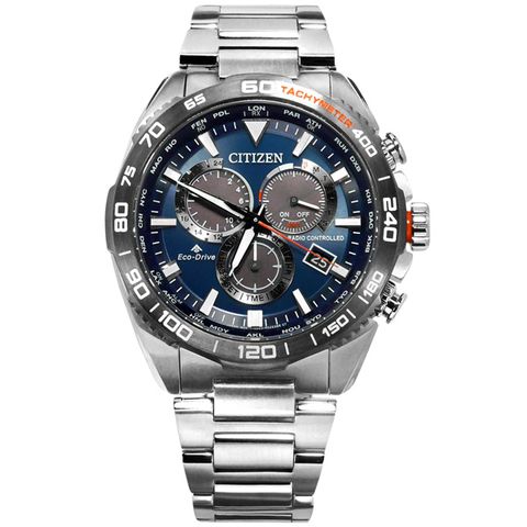 CITIZEN / CB5034-82L / 廣告款 光動能 萬年曆 電波錶 藍寶石水晶玻璃 不鏽鋼手錶 藍x銀 45mm
