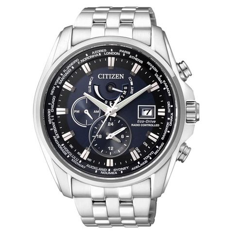 CITIZEN 星辰 GENT 即刻商務 三眼計時全球電波腕錶-銀藍44mm(AT9031-52L)