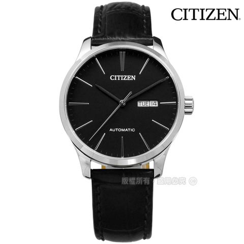 CITIZEN 星辰 / NH8350-08E / 日期星期 礦石強化玻璃 日本機芯 自動上鍊 機械錶 真皮手錶 黑色 40mm