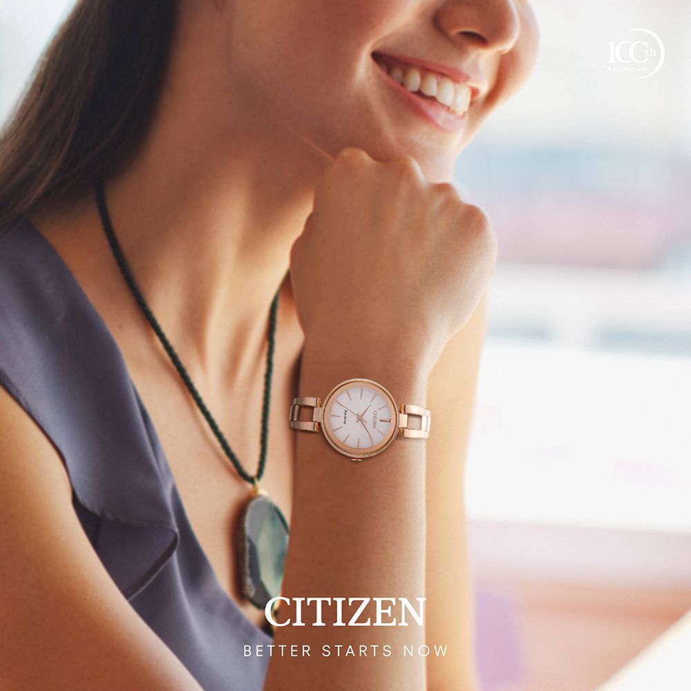 CITIZEN 星辰 光動能極簡手鍊女錶-白x玫瑰金/28mm EM0639-81A