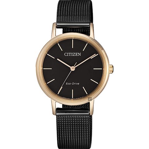 CITIZEN 星辰 光動能雅致米蘭帶女錶-玫瑰金框x黑/30mm EM0577-87E