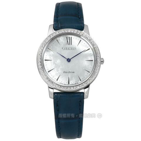 CITIZEN / EX1480-15D / 光動能 珍珠母貝 施華洛世奇 藍寶石水晶玻璃 牛皮手錶 銀x藍 29mm