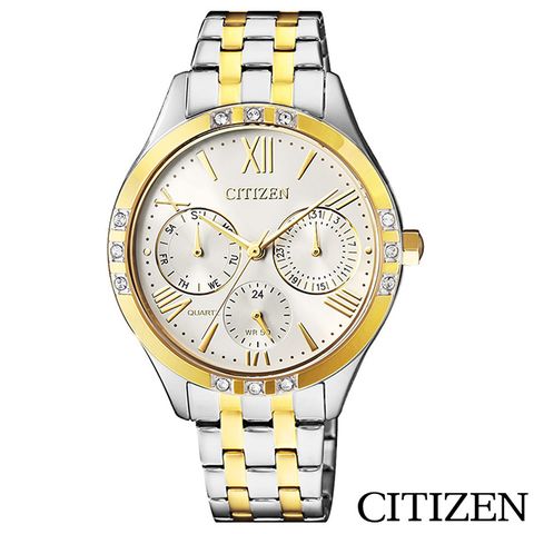 CITIZEN 星辰 時尚金系風尚雙色調三眼石英女錶 ED8174-55A