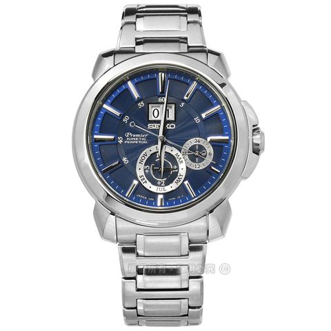 SEIKO 精工 / 7D56-0AG0B.SNP161J1 / Premier 人動電能 萬年曆 防水100米 不鏽鋼手錶 藍色 43mm
