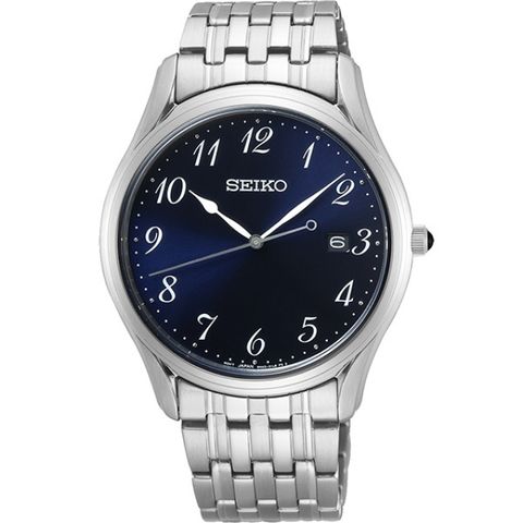 SEIKO 精工 SUR301P1 大三針簡約 數字日期 藍寶石鏡面 鋼錶帶男錶 6N42-00K0B 銀/藍 39mm