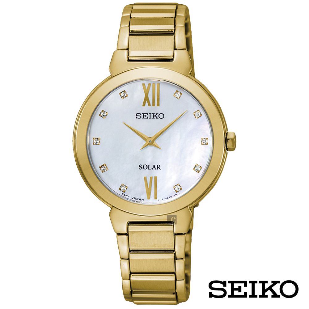 SEIKO 精工  金采派對舞曲太陽能女錶-白貝面x30mm SUP384P1