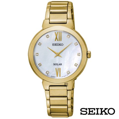 SEIKO 精工 金采派對舞曲太陽能女錶-白貝面x30mm SUP384P1