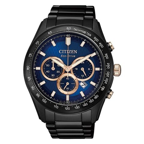 CITIZEN 星辰 GENTS光動能撼動世界計時三眼腕錶-黑X藍(CA4458-88L)