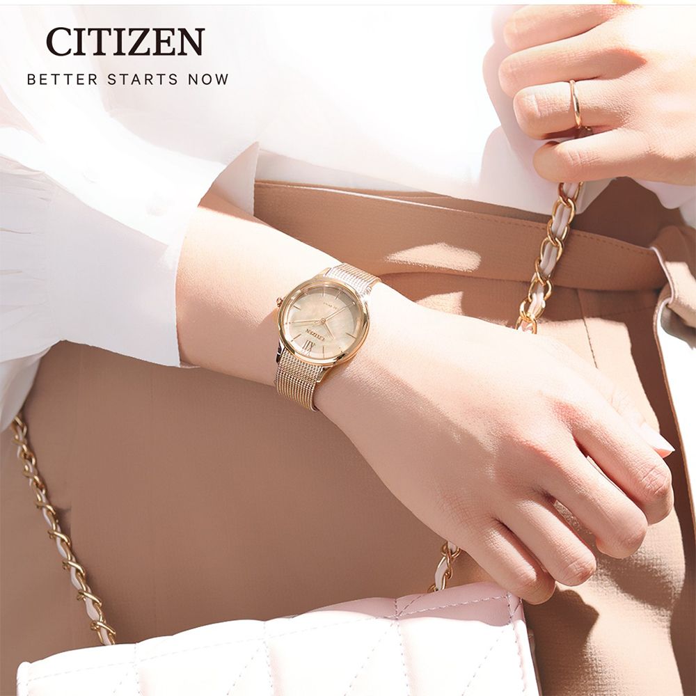 CITIZEN 星辰 L系列 光動能迷幻白蝶貝米蘭帶腕錶/玫瑰金/32.5mm/EM0813-86Y