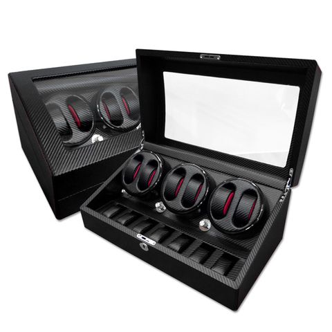 機械錶自動上鍊收藏盒 上鍊盒 3旋6入錶座轉動+7入收藏 LED燈 高質感碳纖維 - 黑色