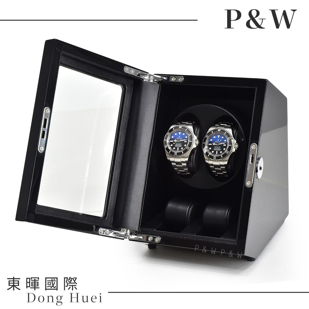 P&W  【手錶自動上鍊盒】【玻璃鏡面】2+2支裝 5種轉速設定 矽膠錶枕【鋼琴烤漆】 機械錶專用 旋轉盒 搖錶器 錶盒