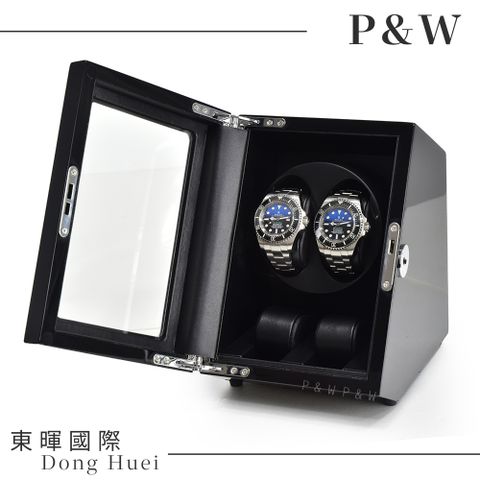 P&W 【手錶自動上鍊盒】【玻璃鏡面】2+2支裝 5種轉速設定 矽膠錶枕【鋼琴烤漆】 機械錶專用 旋轉盒 搖錶器 錶盒