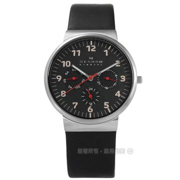 SKAGEN / SKW6096 / 北歐丹麥卓越品味三環視窗真皮手錶 黑色 36mm