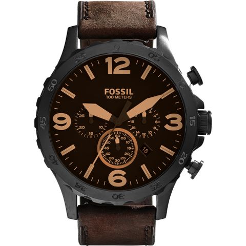 618購物節★送好禮FOSSIL Nate 世紀戰神三眼計時手錶-咖啡 JR1487
