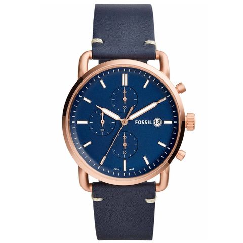 FOSSIL RUNWAY簡約三眼時尚皮革腕錶(FS5404)-藍x44mm
