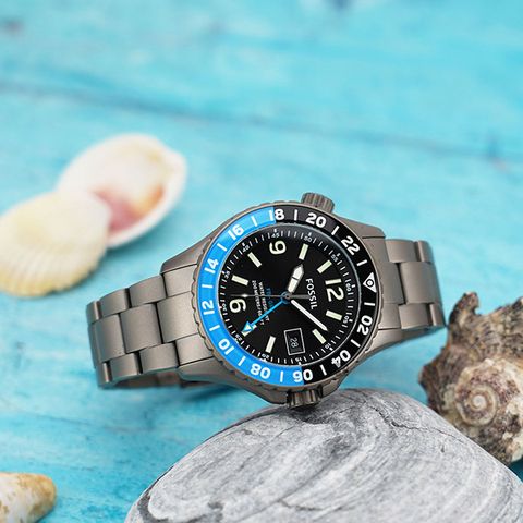 FOSSIL FB - GMT 限量鈦金屬200米潛水錶-灰/45mm LE1100