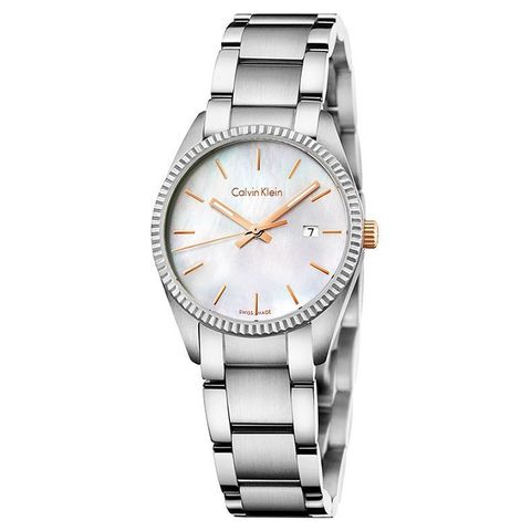 快閃★激殺優惠↘快速出貨【Calvin Klein】CK手錶 K5R33B4G 簡約三針 日期顯示 剛錶帶女錶 珍珠貝面盤/銀 30mm