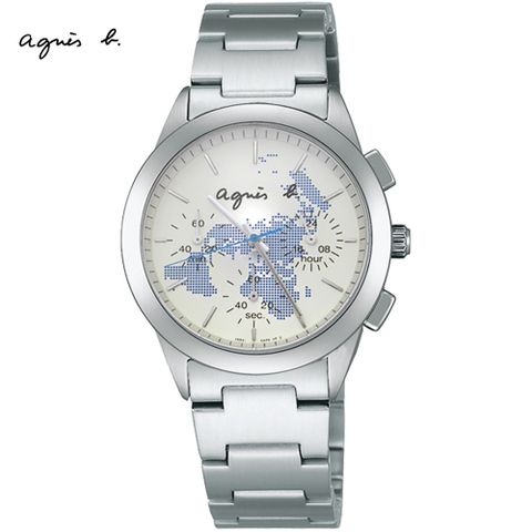 送限量贈品，送完為止agnes b. 全球旅行世界地圖三眼計時中性錶/藍/37mm (V654-0AF0S/BWY059P1)