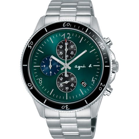 ▼原廠公司貨▼agnes b. 巴黎限定計時手錶-綠x銀/43mm VK67-KXB0G B7A005X1