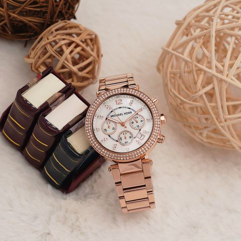 精品錶▼原廠公司貨Michael Kors 美式奢華晶鑽三眼計時手錶-玫瑰金x珍珠貝 MK5491