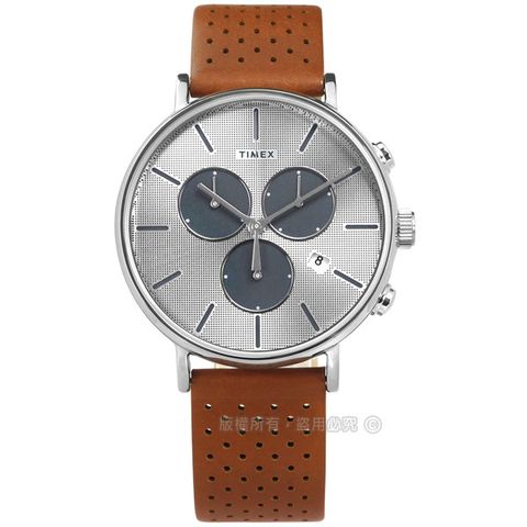 TIMEX 天美時 / TXTW2R79900 / 復刻三眼 INDIGLO專利冷光照明 計時 真皮手錶 銀x褐 41mm