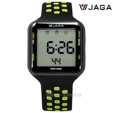 JAGA 捷卡 /M1179C-AF/方型電子 計時碼錶 鬧鈴 防水100米 透氣運動 矽膠手錶 黑綠色 38mm