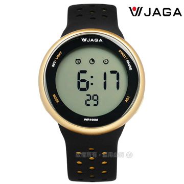 JAGA 捷卡 /M1185-AL1/電子運動 倒數計時 計時碼錶 鬧鈴 防水100米 透氣矽膠手錶 黑金色 44mm