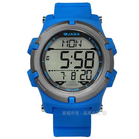 JAGA 捷卡 / M1192-E / 電子運動 倒數計時 計時碼錶 鬧鈴 日常生活防水 橡膠手錶 藍色 47mm