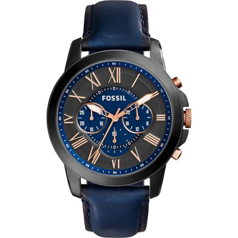 FOSSIL Grant 旗艦三眼計時復刻腕錶-黑x藍/44mm  (FS5061)