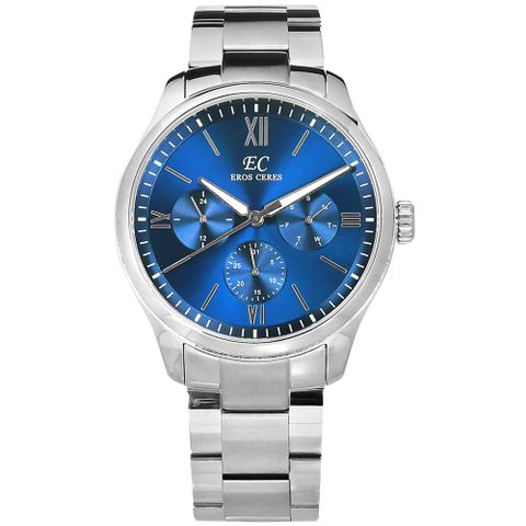 EROS CERES / GQ6258S-BU / 經典潮流 三眼三針 日期星期 日本機芯 不鏽鋼手錶 藍x銀 44mm