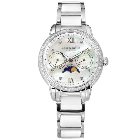 ARIES GOLD / L58010LS-MP / 月相錶 藍寶石水晶玻璃 日期星期 陶瓷不鏽鋼手錶 銀白色 34mm
