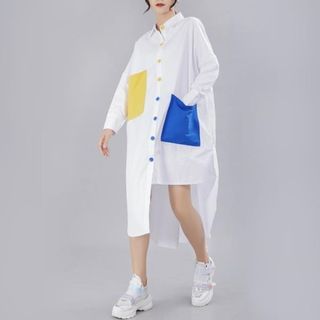 《D'Fina 時尚女裝》 口袋鈕扣黃藍撞色 時尚OVERSIZE長版襯衫洋裝 (2色)