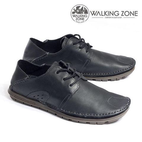 WALKING ZONE 【南紡購物中心】  真皮自然剪裁英倫皮革開車鞋綁帶-黑