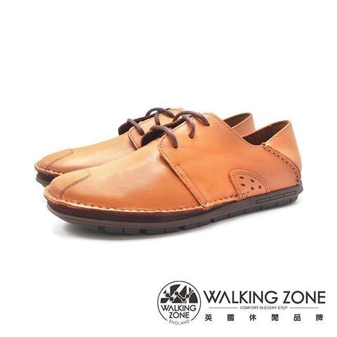 WALKING ZONE 真皮自然剪裁英倫皮革開車鞋綁帶-咖啡(另有黑、棕)