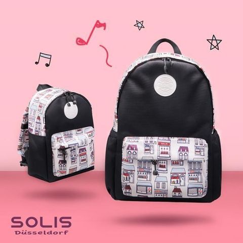 【南紡購物中心】 SOLIS【快樂屋系列】親子雙肩後背包-大 (黑/田園杏)
