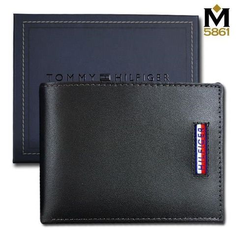 Tommy Hilfiger Tommy Hilfiger_ 男皮夾 短夾 牛皮夾 多卡夾 大鈔夾 直式Logo 品牌盒裝 黑色