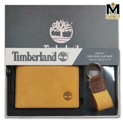 Timberland 男皮夾 麂皮 牛皮夾 零錢袋+鑰匙圈套組 品牌盒裝+原廠提袋 黃駝色