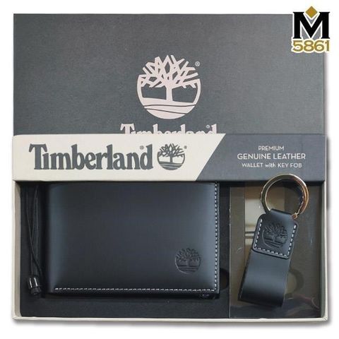 Timberland 男皮夾 牛皮夾 零錢袋+鑰匙圈套組 品牌盒裝+原廠提袋 黑色