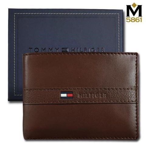 【Tommy】Tommy Hilfiger 男皮夾 牛皮夾 中標設計 獨立卡夾 大鈔夾 品牌盒裝／棕色