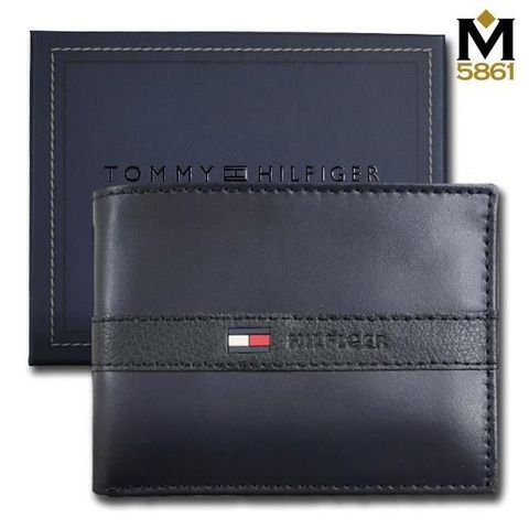 Tommy Hilfiger 男皮夾 短夾 牛皮夾 中標設計 多卡夾 獨立卡夾 大鈔夾 品牌盒裝 藍色
