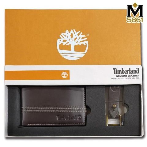 Timberland 男皮夾 短夾 簡式卡夾+鑰匙圈套組 品牌盒裝+原廠提袋 棕黑色